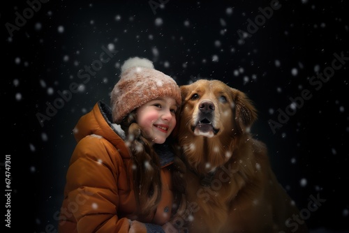 Young kids playing and running with his dog in a snowy wonderland