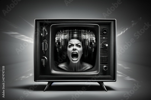 A woman is trapped in the world inside an old model television and is screaming. - Generative AI