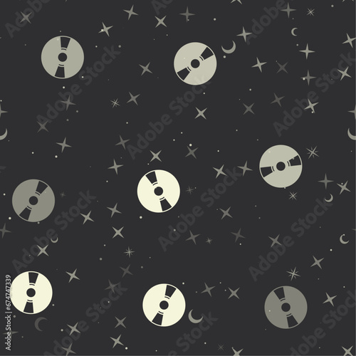 Seamless pattern with stars, cd symbols on black background. Night sky. Vector illustration on black background