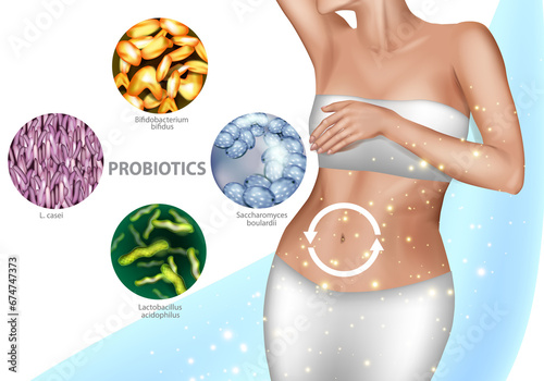 Intestinal microflora. Healthy digestion, good human microbiota. Vector illustration of a girl's belly and probiotics or prebiotic meds advertising. © sakurra