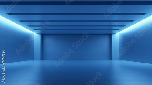 Interior of a minimal empty modern blue room with copy space. Generative AI