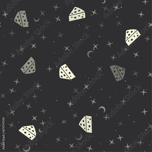 Seamless pattern with stars, cheese symbols on black background. Night sky. Vector illustration on black background