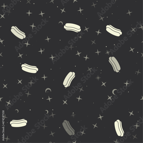 Seamless pattern with stars, hotdog symbols on black background. Night sky. Vector illustration on black background