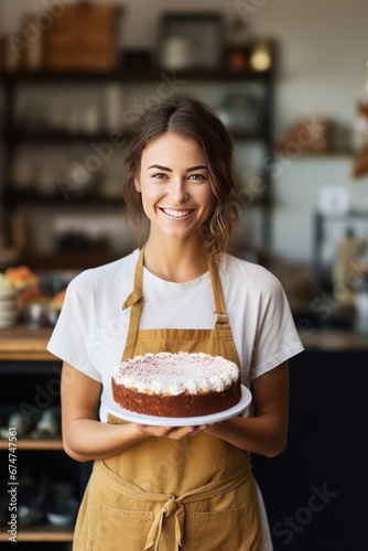 Young woman baker holding a simple cake, smiling in cafe