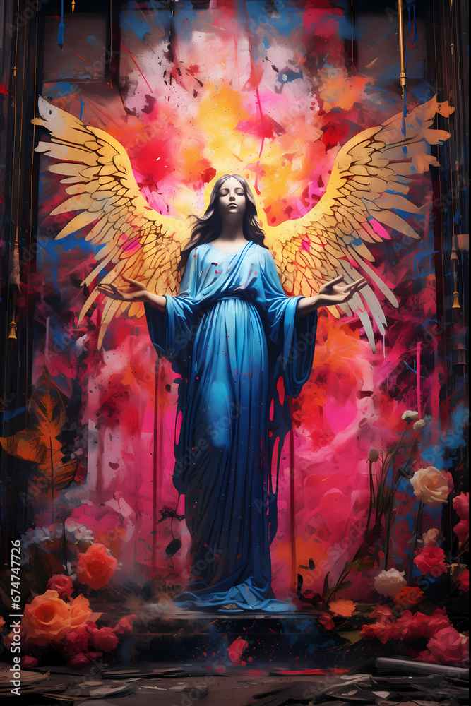 Annunciation of virgin Mary spray paint graffiti urban wings blue robe Annunciation of virgin Mary spray paint graffiti urban wings blue robe