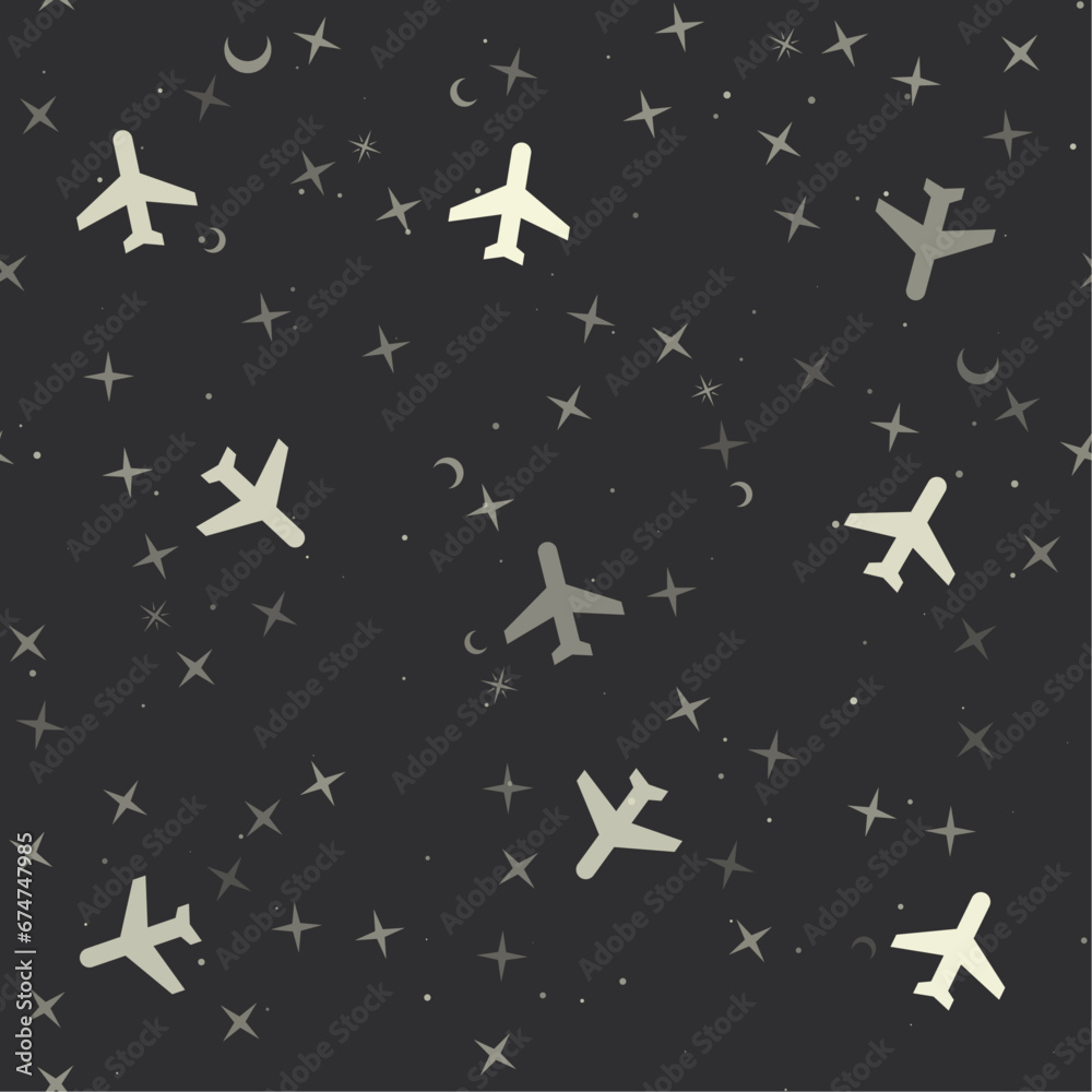 Seamless pattern with stars, plane symbols on black background. Night sky. Vector illustration on black background