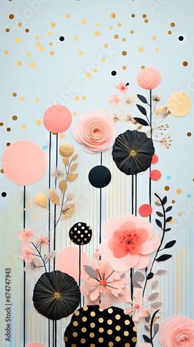 Pois abstraits, tampons et superpositions numériques floraux, or rose, palette de couleurs audacieuses, emblématique, géométrique. Idéal comme arrière-plan ou fond d'écran. IA générative, IA