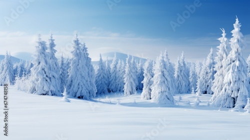 Captivating winter scene with panoramic snowscape and sparkling fir branches in a cool color palette