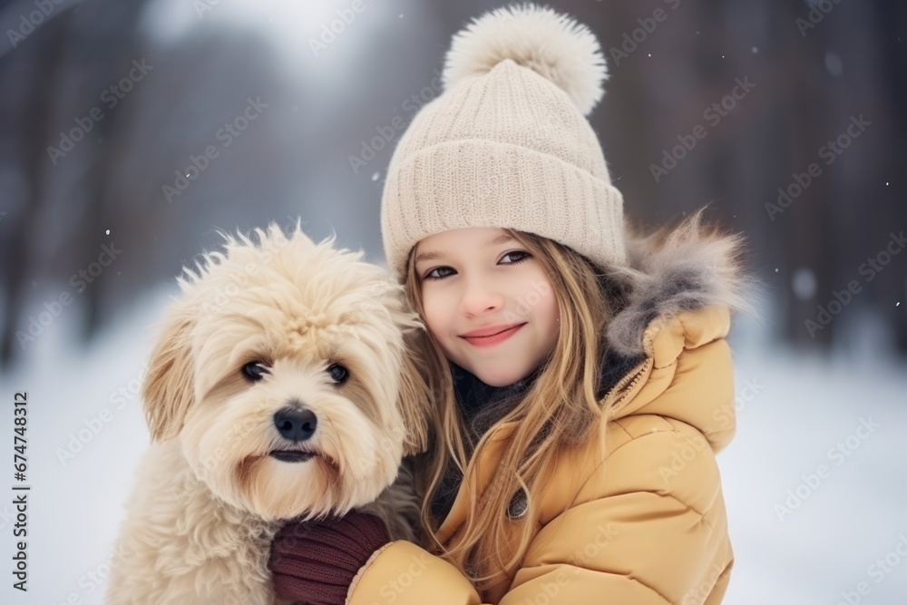 Young kids playing and running with his dog in a snowy wonderland Young kids playing and running with his dog in a snowy wonderland