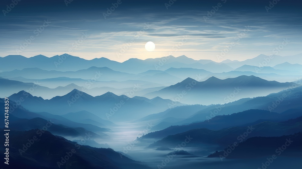 night peak evening mist landscape illustration mountain sky, background sunmoon, light moonrise night peak evening mist landscape