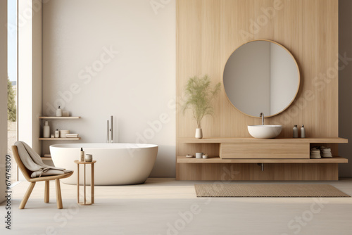modern wooden bathroom interior, Generative AI
