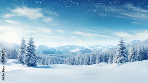 Panoramic winter scene with snow covered fir branches and delicate snowfall in cold colors