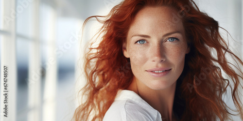 Closeup of happy attractive older woman with long wavy red hair and freckles wears stylish t shirt looks happy and smiling isolated over white background