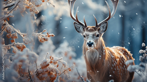 Beautiful wild deer in winter forest. Filtered image processed vintage effect.