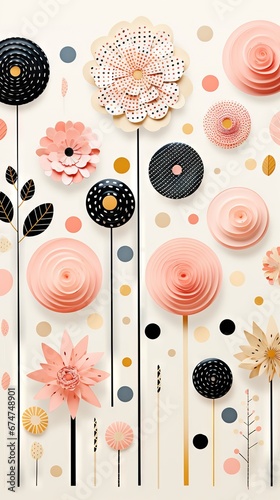 Pois abstraits, tampons et superpositions numériques floraux, or rose, palette de couleurs audacieuses, emblématique, géométrique. Idéal comme arrière-plan ou fond d'écran. IA générative, IA