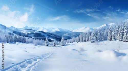Enchanting winter panorama with glowing snow covered fir branches and falling snowflakes