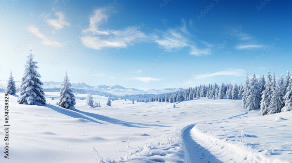 Captivating winter panorama with snow covered fir branches and delicate snowfall in a cold palette