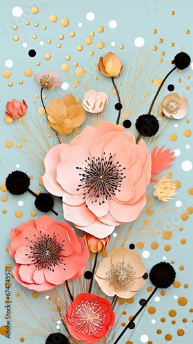 Pois abstraits, tampons et superpositions numériques floraux, or rose, palette de couleurs audacieuses, emblématique, géométrique. Idéal comme arrière-plan ou fond d'écran. IA générative, IA