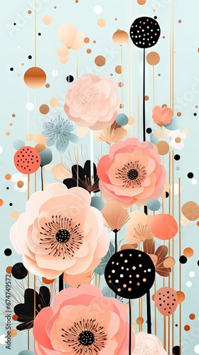 Pois abstraits, tampons et superpositions numériques floraux, or rose, palette de couleurs audacieuses, emblématique, géométrique. Idéal comme arrière-plan ou fond d'écran. IA générative, IA