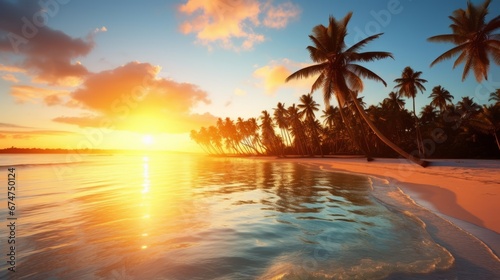golden sunset on a tropical beach serene summer bliss with soft sand and crystal clear ocean waters