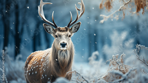 Portrait of a red deer in the forest during the snowfall