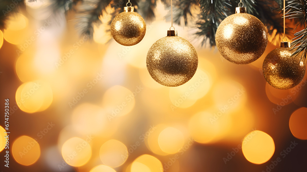Merry Christmas and Happy New year creative banner. Christmas tree branches decorated with gold ornaments on blurred bokeh background, copy space. Hanging christmas tree gold toys and fir branches Merry Christmas and Happy New year creative banner. Christmas tree branches decorated with gold ornaments on blurred bokeh background, copy space. Hanging christmas tree gold toys and fir branches