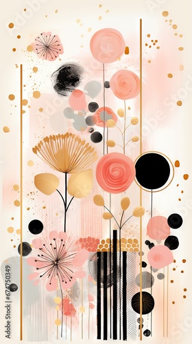 Pois abstraits, tampons et superpositions numériques floraux, or rose, palette de couleurs audacieuses, emblématique, géométrique. Idéal comme arrière-plan ou fond d'écran. IA générative, IA