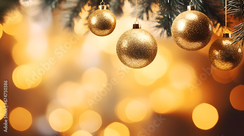 Merry Christmas and Happy New year creative banner. Christmas tree branches decorated with gold ornaments on blurred bokeh background  copy space. Hanging christmas tree gold toys and fir branches