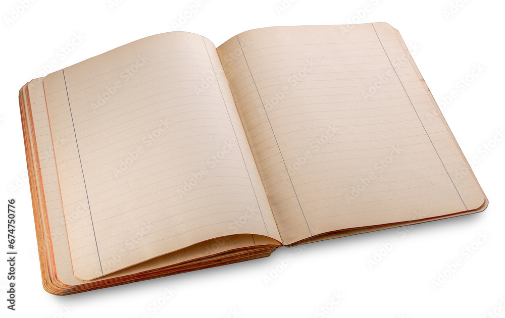 Antique open notebook with lines on pages yellowed by time, isolated on transparent Antique open notebook with lines on pages yellowed by time, isolated on transparent