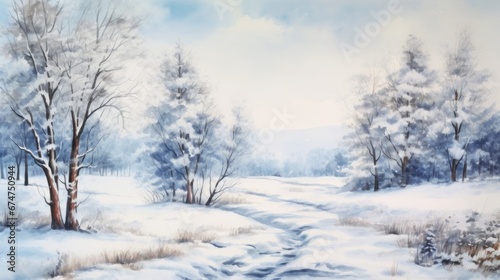 A painting of a snowy landscape with trees