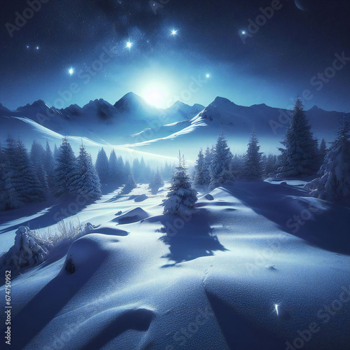 Enchanting glow of a moonlit night over snowy landscapes