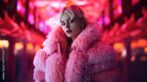 A woman wearing a pink fur coat in a dark room