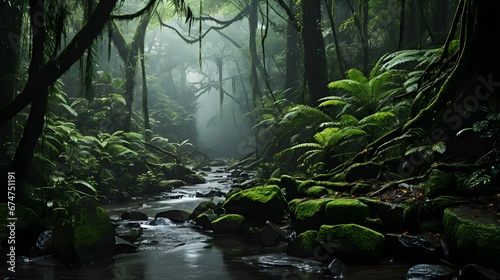 Panoramic view of a forest river flowing through a mysterious green forest.