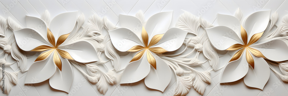 Luxury Semi-Gloss Wall background, elegant white and gold 3d embossed creative pattern.