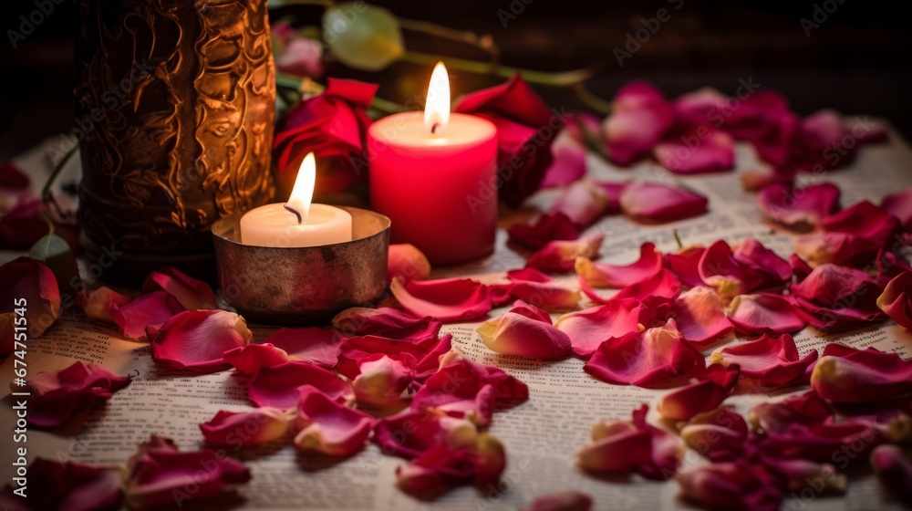 Romantic room with candles and rose petals Romantic room with candles and rose petals