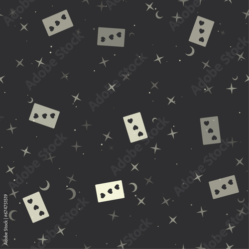 Seamless pattern with stars, Three of hearts playing cards on black background. Night sky. Vector illustration on black background