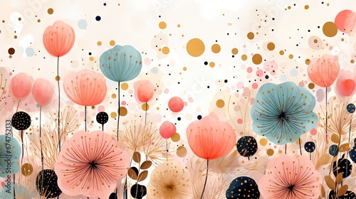 Pois abstraits, tampons et superpositions numériques floraux, or rose, palette de couleurs audacieuses, emblématique, géométrique. Idéal comme arrière-plan ou fond d'écran. IA générative, IA