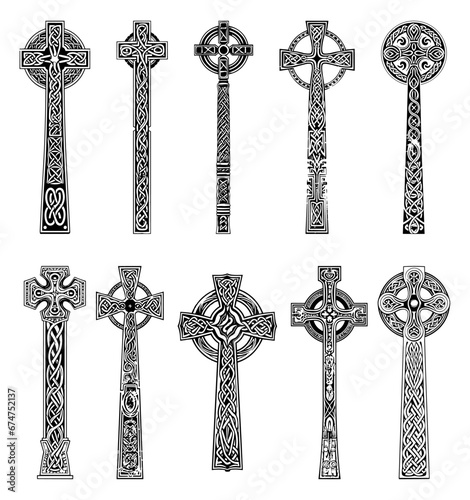 Big keltic crosses silhouettes. Old scottish rope ornamet celtic cross vector icons, metal church crossed crucifix symbols on white