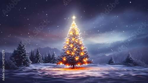 Christmas tree illuminated like a shining star against the night sky-Generative AI