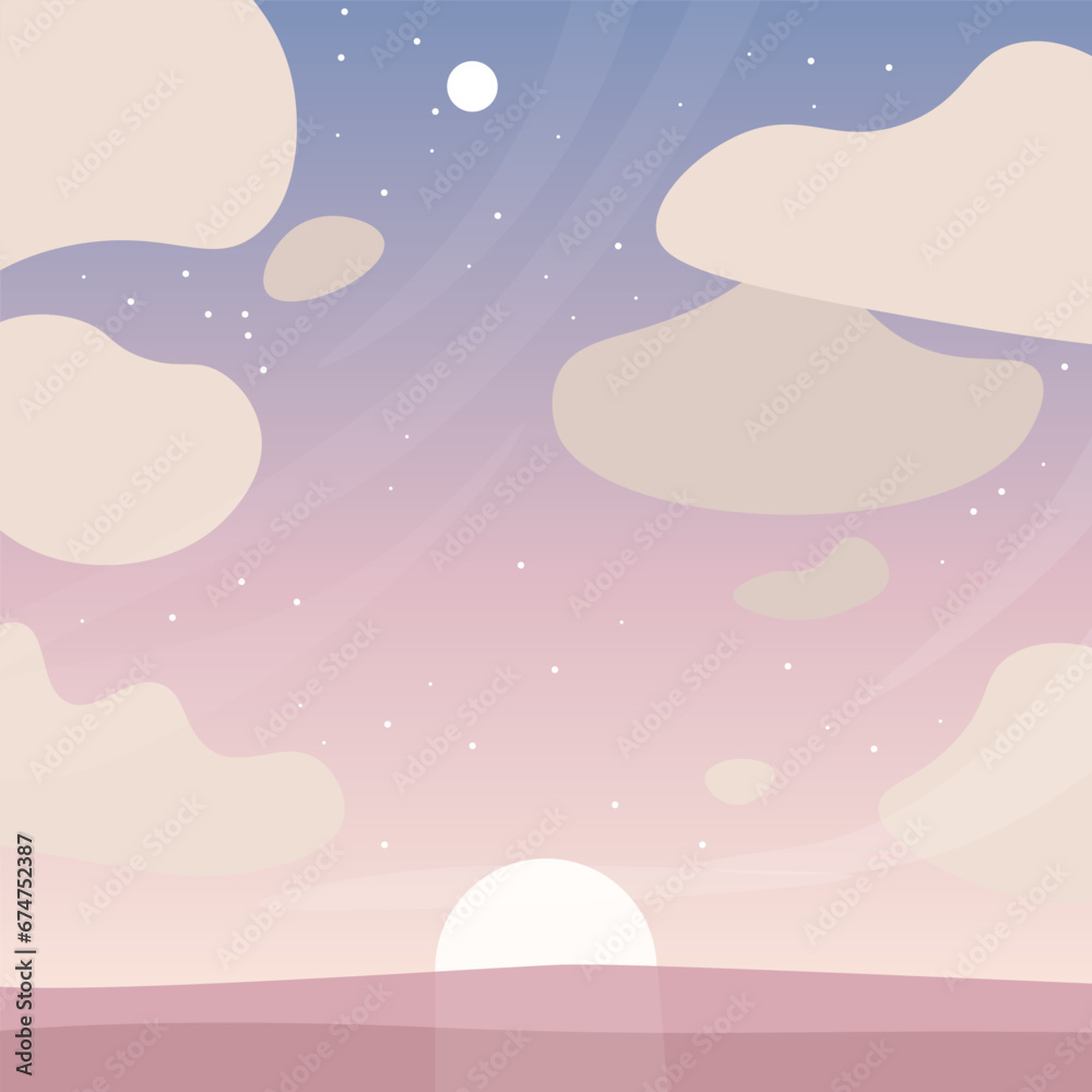 Abstract Landscape Sea Ocean Sunset Background Blue Sky Pink  With Clouds And Stars Vector Design