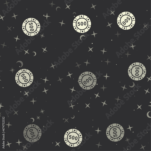 Seamless pattern with stars, poker chip symbols on black background. Night sky. Vector illustration on black background