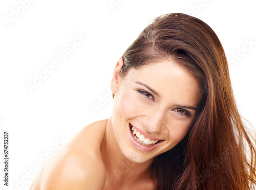 Skincare  woman and smile in studio with beauty  cosmetic and facial wellness for shine on white background. Person  face and happiness for glow treatment  healthy aesthetic or dermatology on mock up