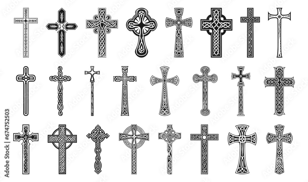 Christian crosses. Metal christ cross vector graphics, jesus black religious crucifix decorative collection signs - obrazy, fototapety, plakaty 