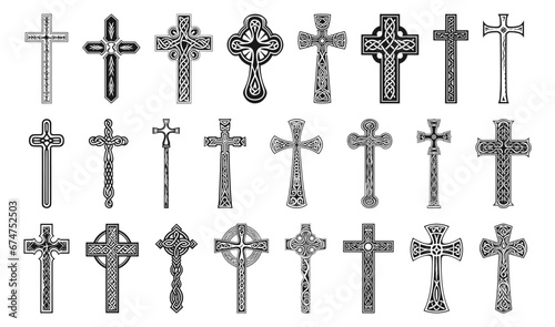 Christian crosses. Metal christ cross vector graphics, jesus black religious crucifix decorative collection signs photo