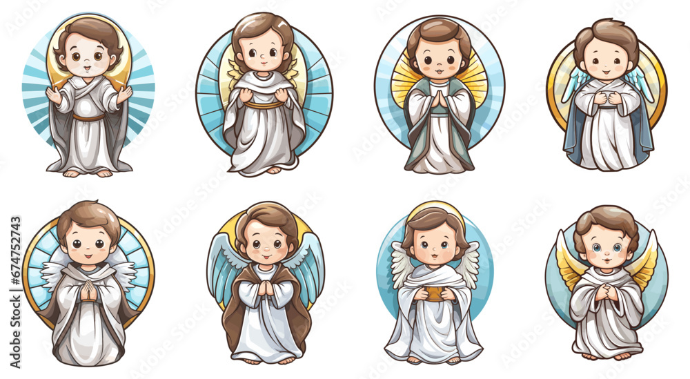 Cute baby Jesus Christ vector illustration. Smiling holy child with angel wings in cartoon style isolated on white - obrazy, fototapety, plakaty 
