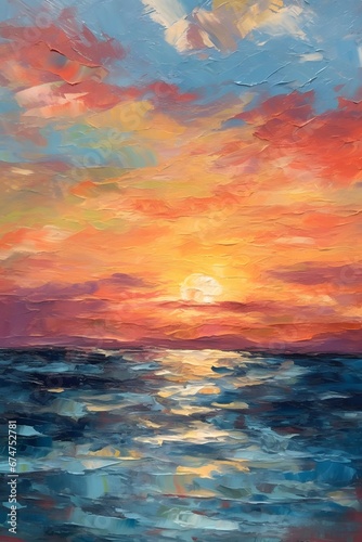 Sunset over the sea. Oil painting on canvas. Colorful sunset.