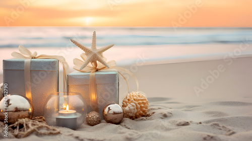 Fototapeta Naklejka Na Ścianę i Meble -  Present boxes on tropical beach. Christmas and New Year holidays on sand beach. Wedding on the beach concept. Exotic tropical Christmas on sea coast. Private wedding celebration on the ocean resort