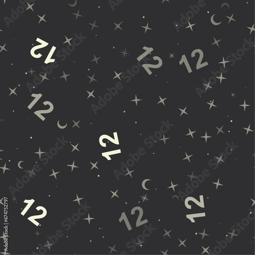 Seamless pattern with stars, twelve numbers on black background. Night sky. Vector illustration on black background