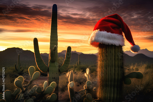 Cactus in red santa claus hat against desert background at sunset, copy space. Alternative Christmas tree. Creative Xmas and NY background. Tropical Christmas mood. Festive cactus