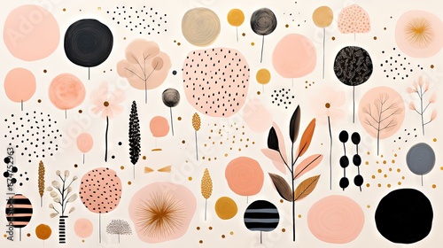 Pois abstraits, tampons et superpositions numériques floraux, or rose, palette de couleurs audacieuses, emblématique, géométrique. Idéal comme arrière-plan ou fond d'écran. IA générative, IA